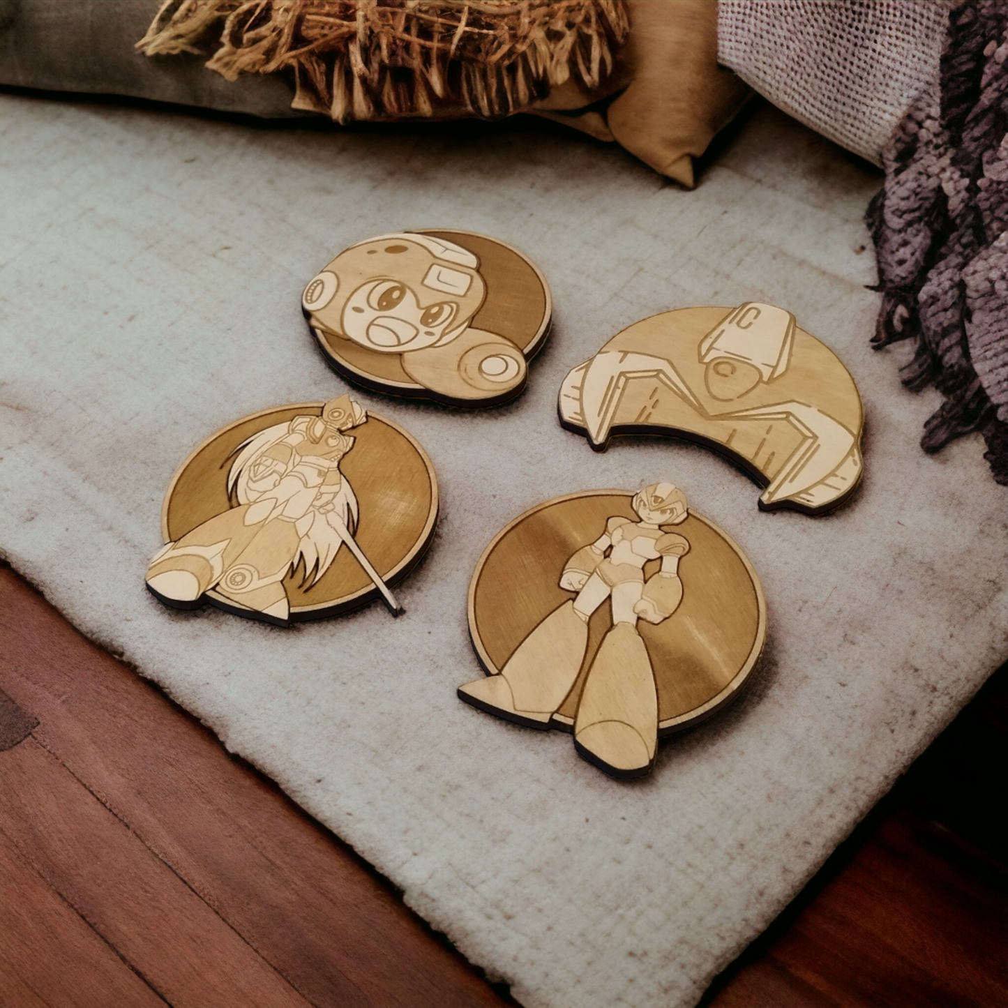 Set of 4 Megaman Wooden Coasters - Handmade Gift - Housewarming - Wood Kitchenware
