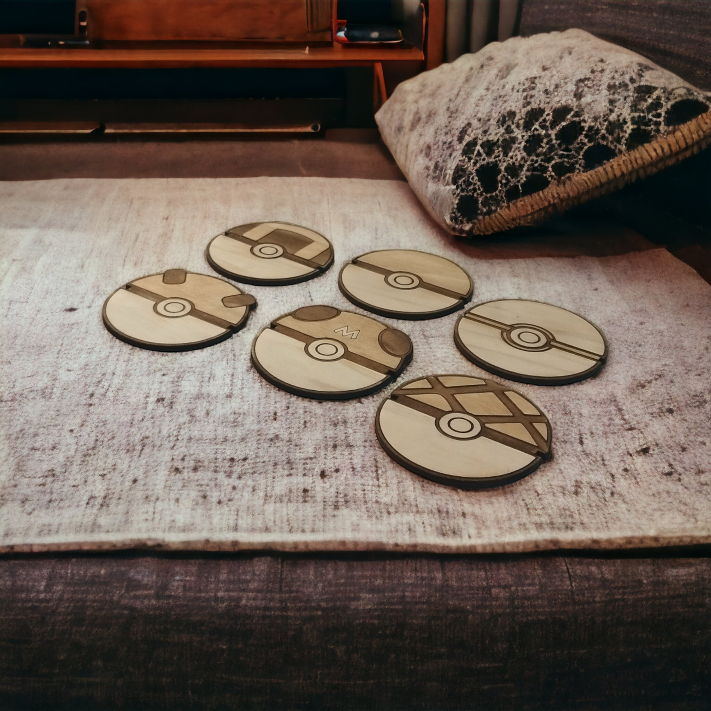 Set of 6 Pokeball Wooden Coasters - Handmade Gift - Housewarming - Wood Kitchenware