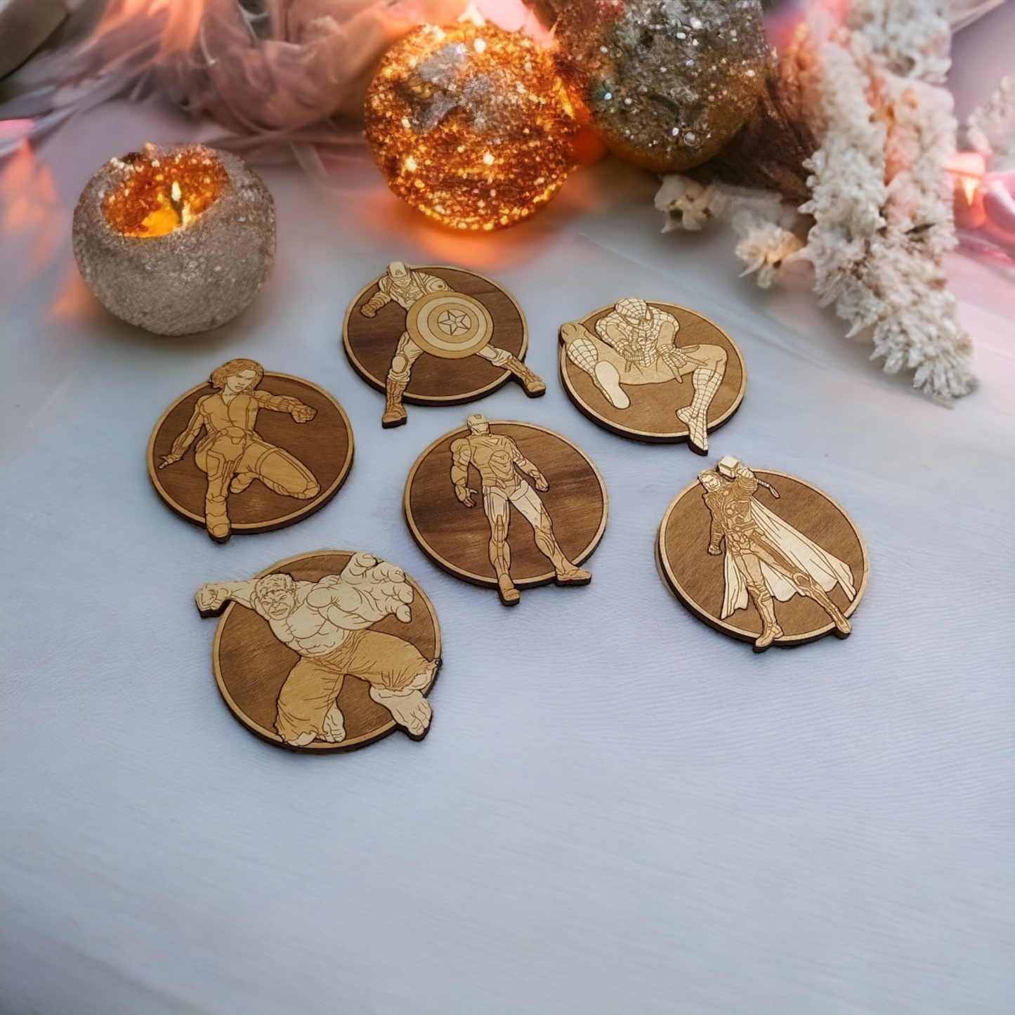 Set of 6 Superheroes Wooden Coasters - Handmade Gift - Housewarming - Wood Kitchenware
