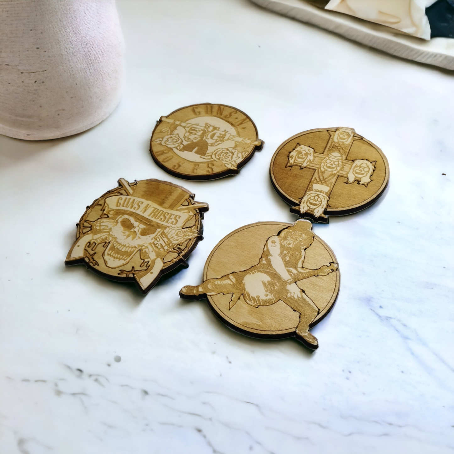 Set of 4 Guns and Roses Wooden Coasters - Handmade Gift - Housewarming - Wood Kitchenware