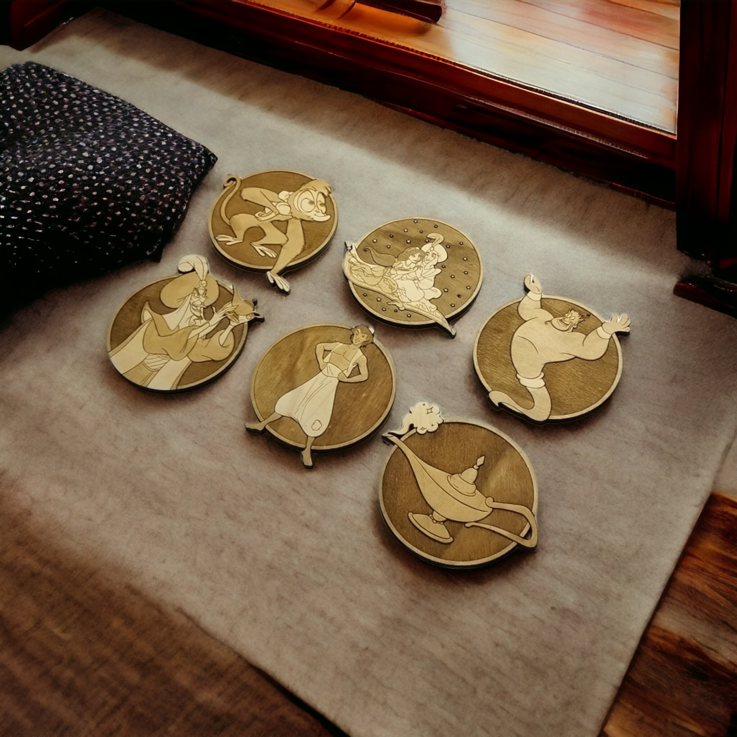 Set of 6 Aladdin Wooden Coasters - Handmade Gift - Wood Kitchenware