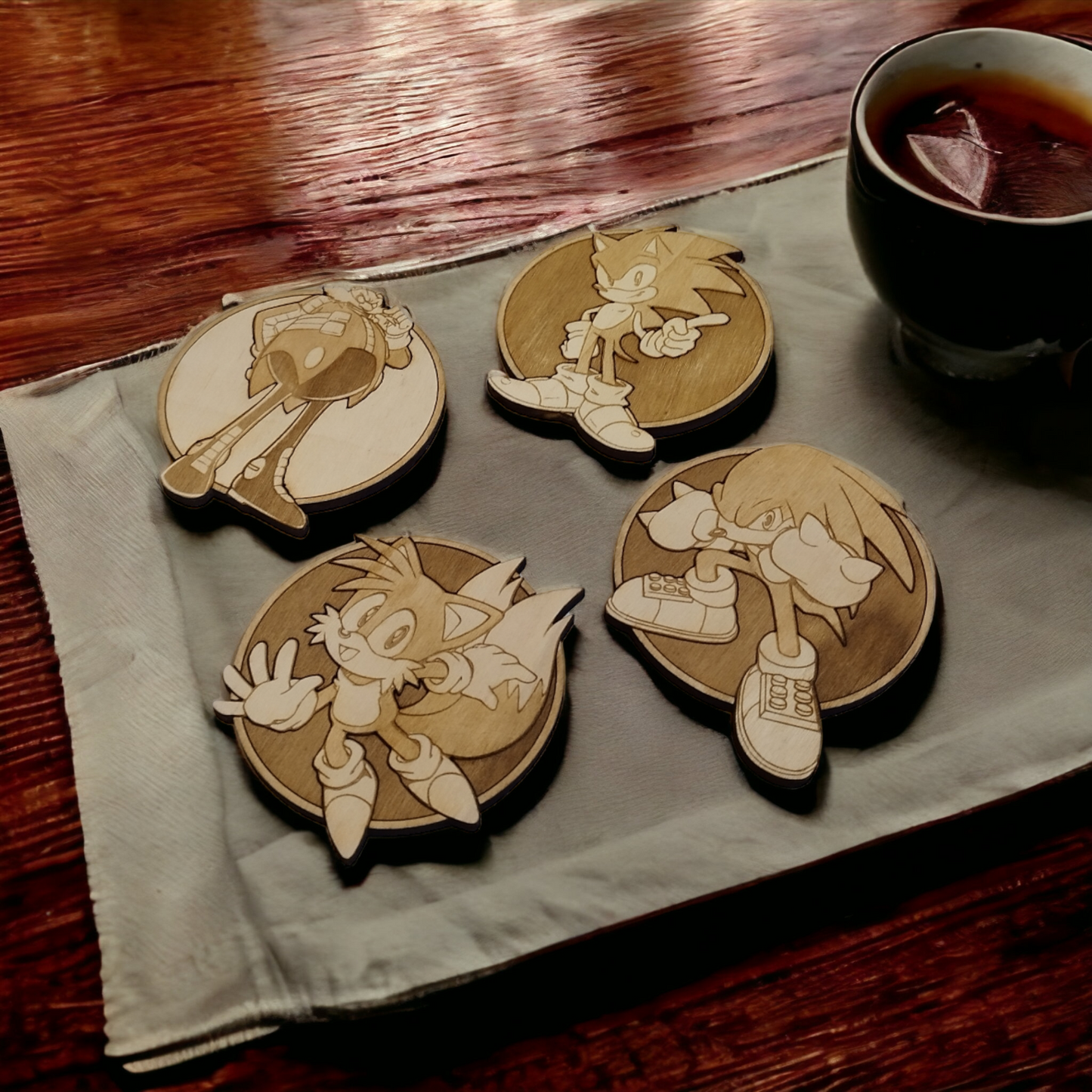 Set of 4 Sonic Wooden Coasters - Handmade Gift - Housewarming - Wood Kitchenware