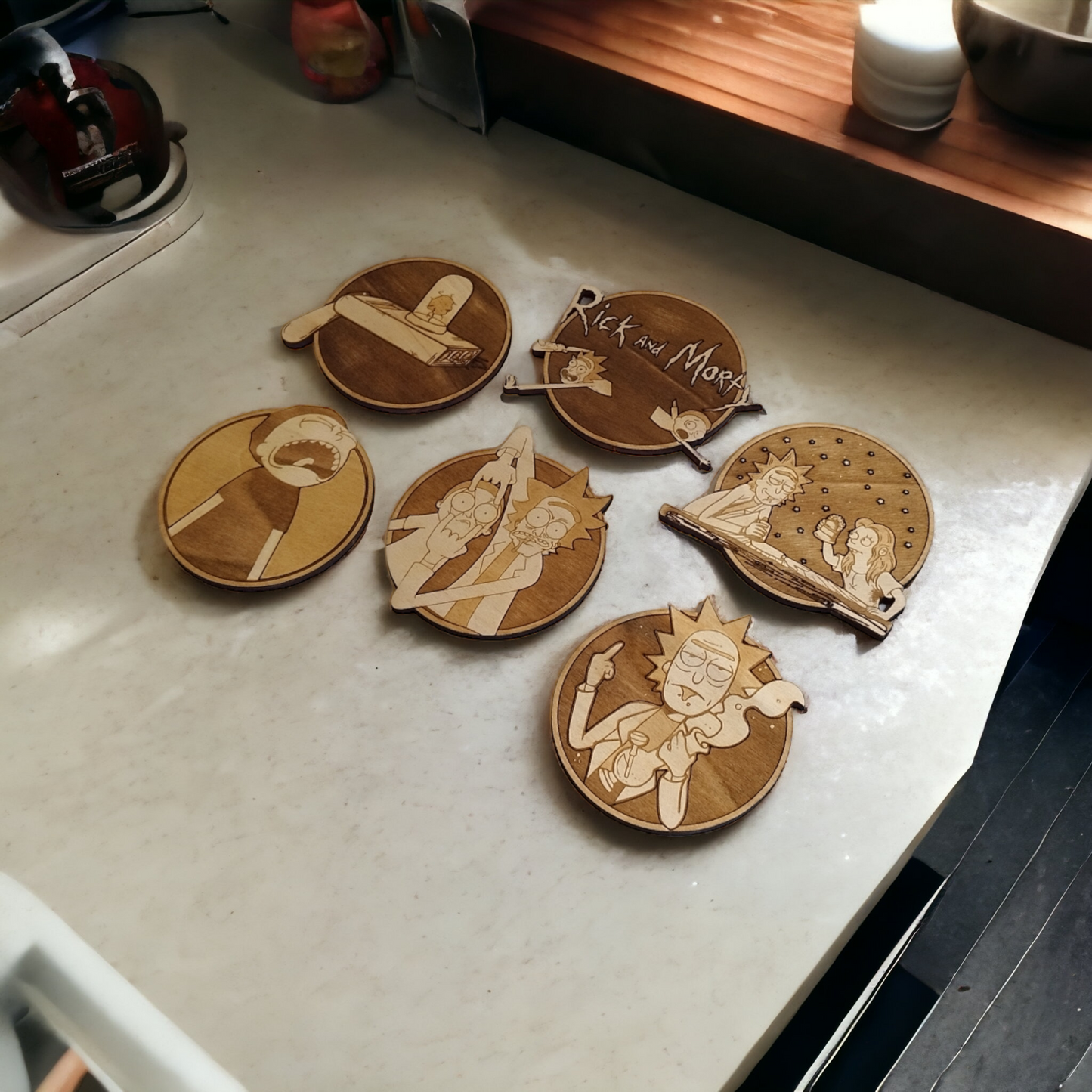 Set of 6 Rick and Morty Wooden Coasters - Handmade Gift - Housewarming - Wood Kitchenware