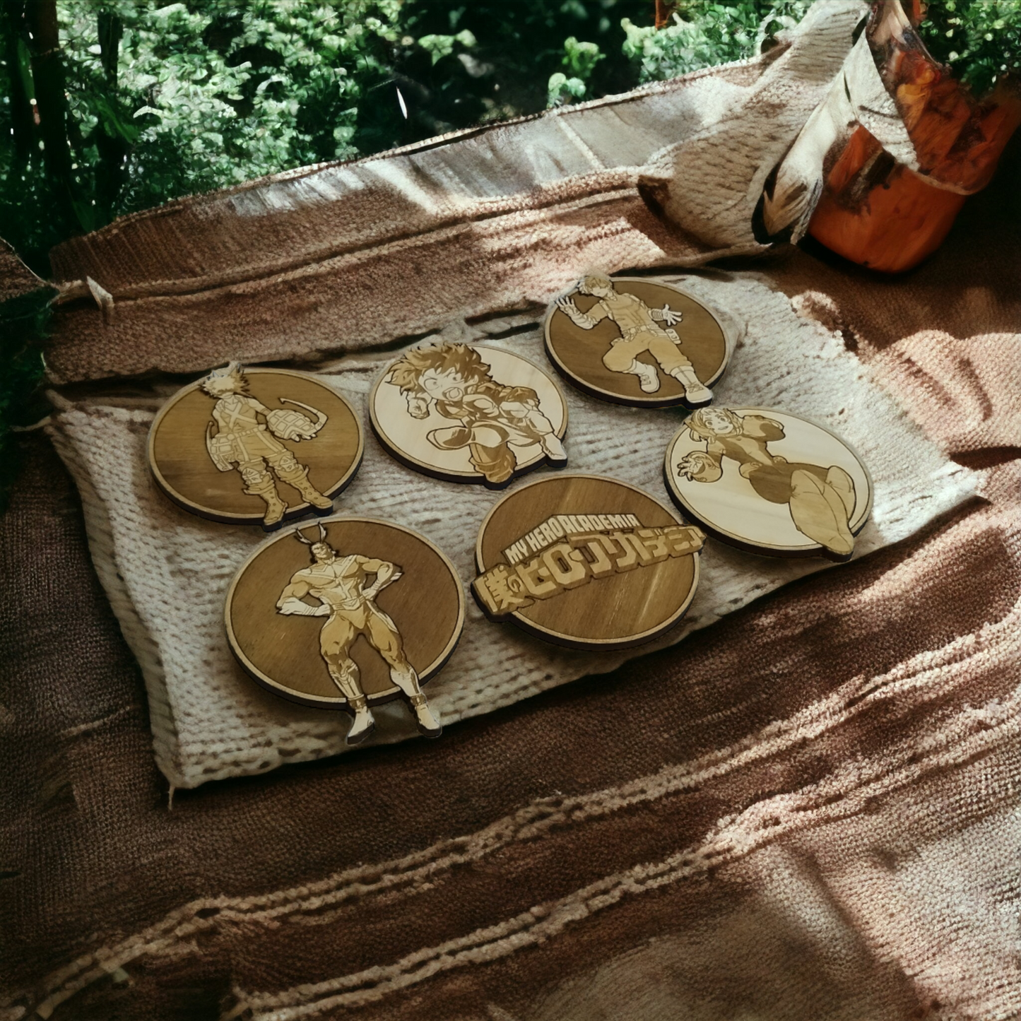 Set of 6 My Hero Academy Wooden Coasters - Handmade Gift - Housewarming - Wood Kitchenware