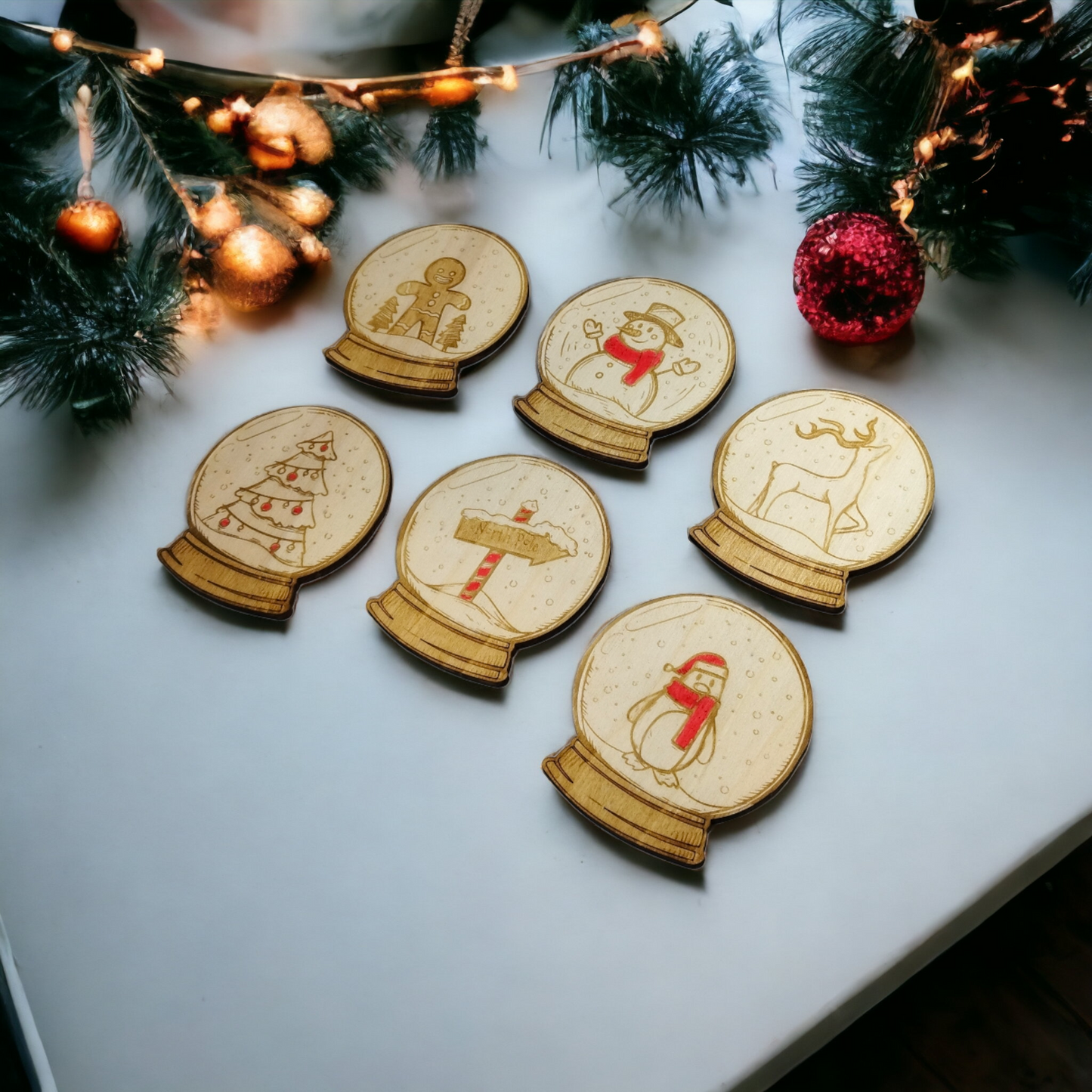 Set of 6 Snow Globes Wooden Coasters - Handmade Gift - Christmas Decor - Wood Kitchenware