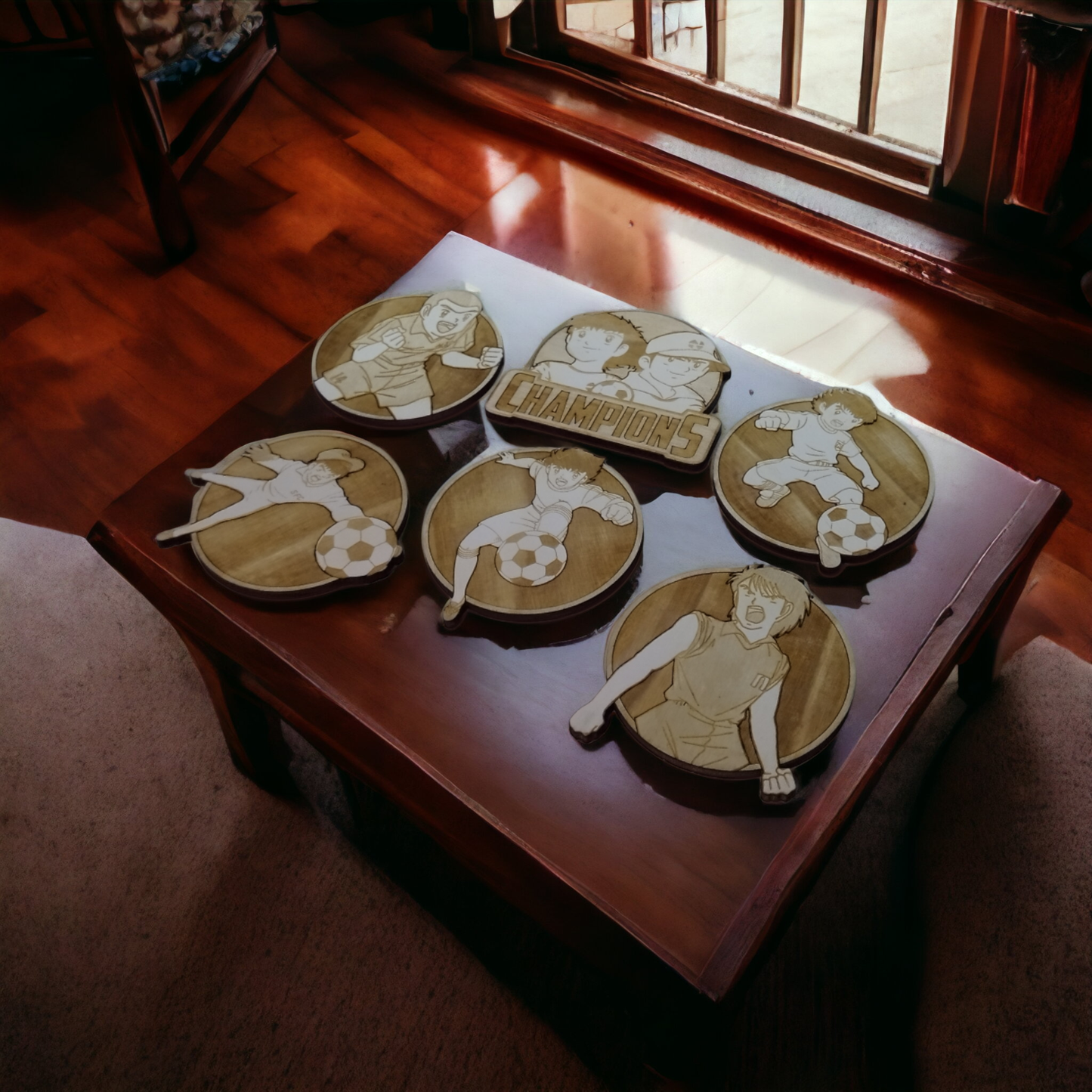 Set of 6 Captain Tsubasa Solid Wooden Coasters - Handmade Gift - Wood Kitchenware