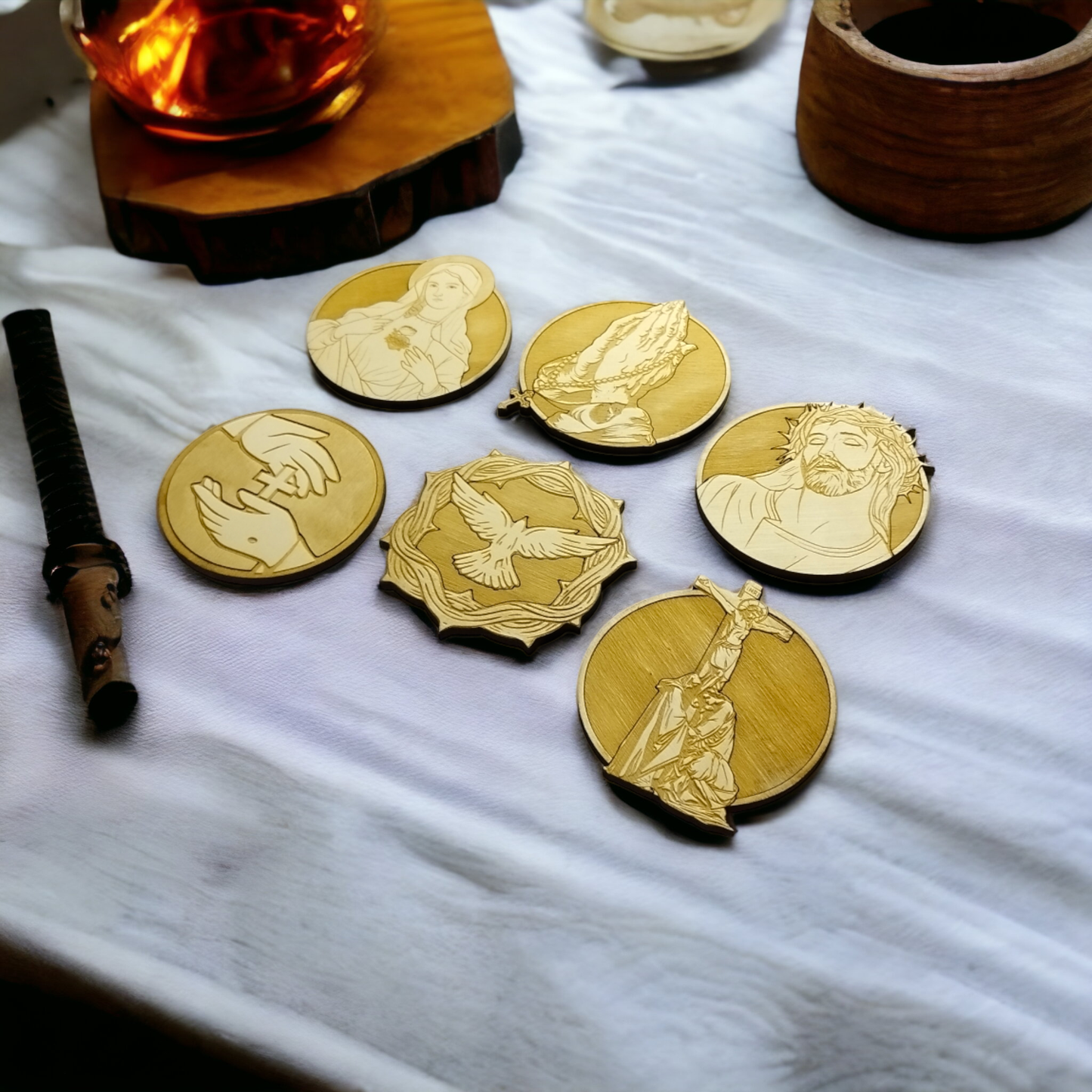 Set of 6 Religious Wooden Coasters - Handmade Gift - Wood Kitchenware -