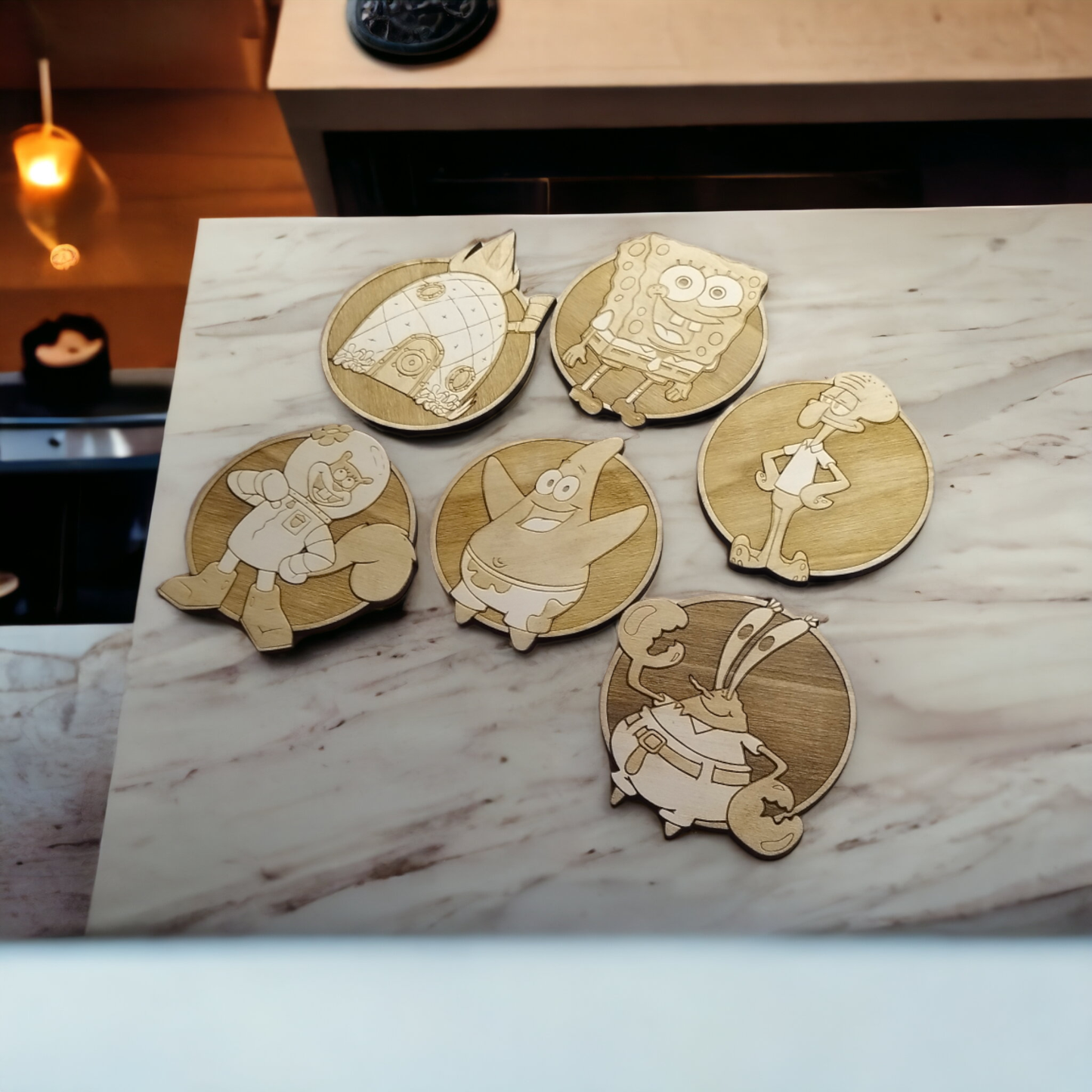 Set of 6 Sponge Bob Wooden Coasters - Handmade Gift - Wood Kitchenware -