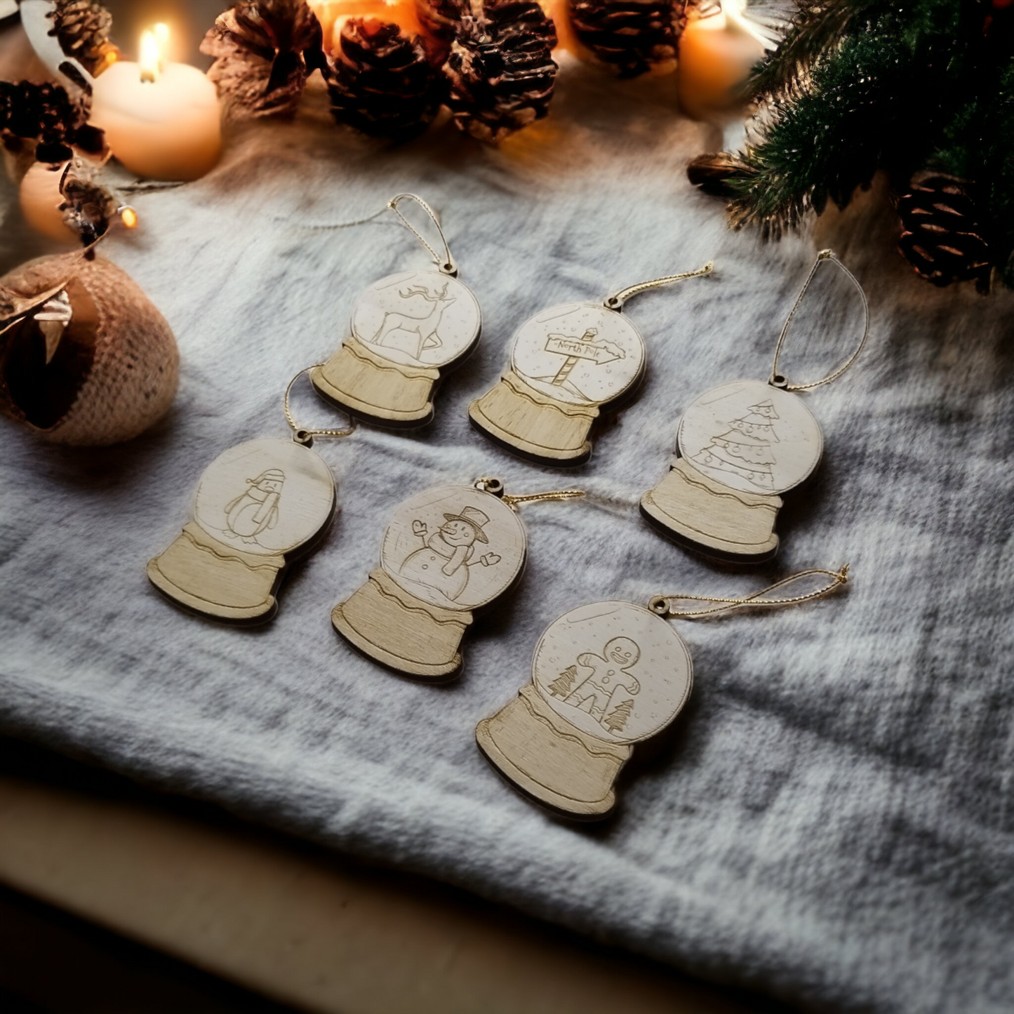 Set of 6 Snow Globes Ornaments Wooden Coasters - Handmade Gift - Housewarming - Wood Kitchenware
