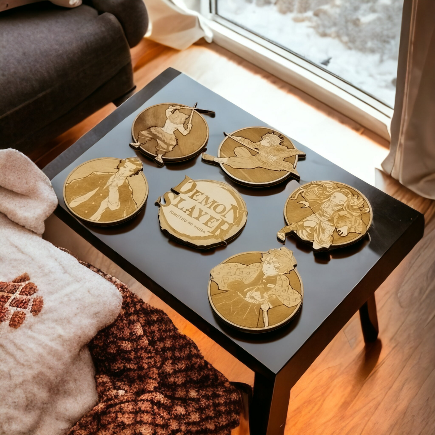 Set of 6 Demon Slayer Wooden Coasters - Handmade Gift - Housewarming - Wood Kitchenware