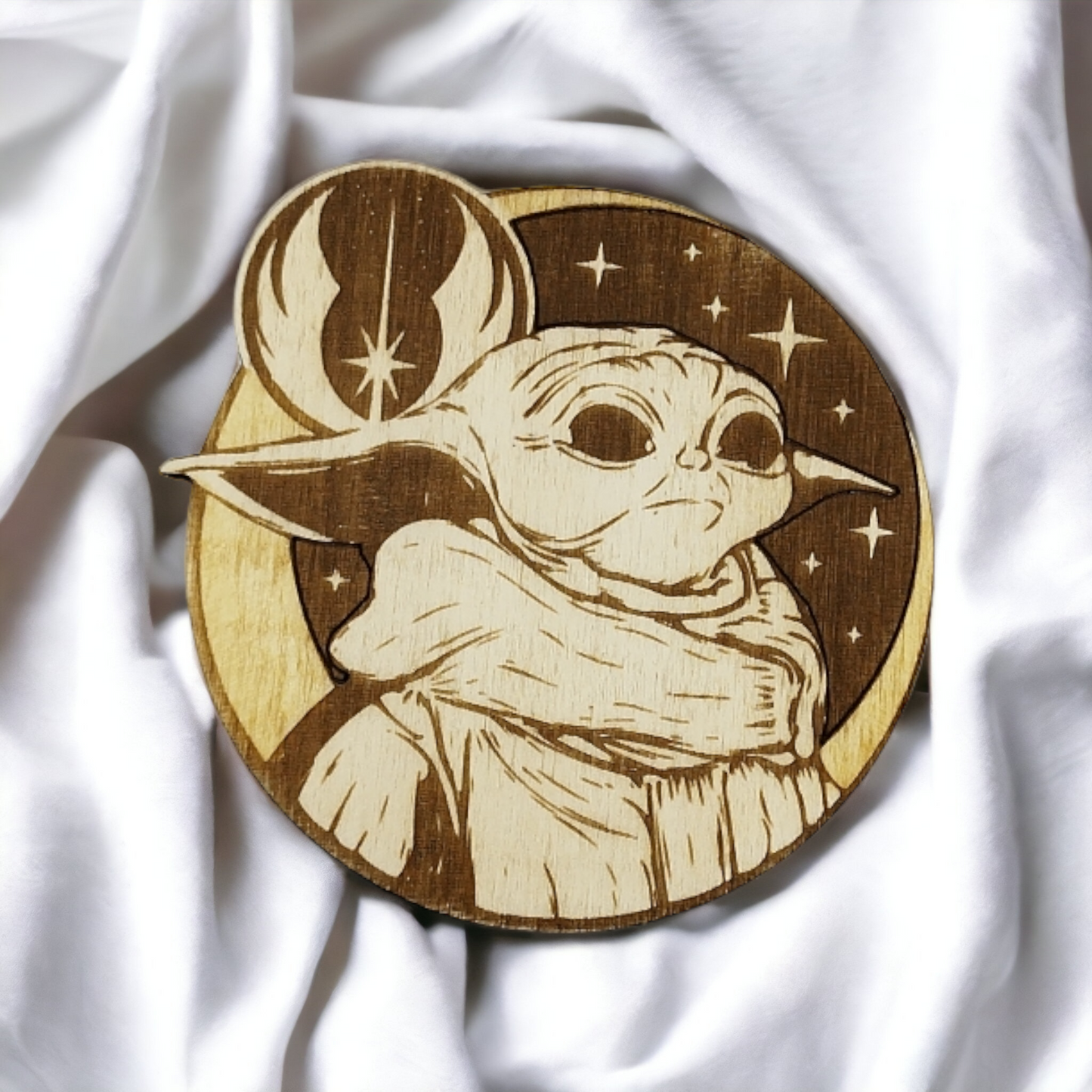 Set of 6 Baby Yoda Wooden Coasters - Handmade Gift - Housewarming - Wood Kitchenware - Baby Yoda - The Mandalorian