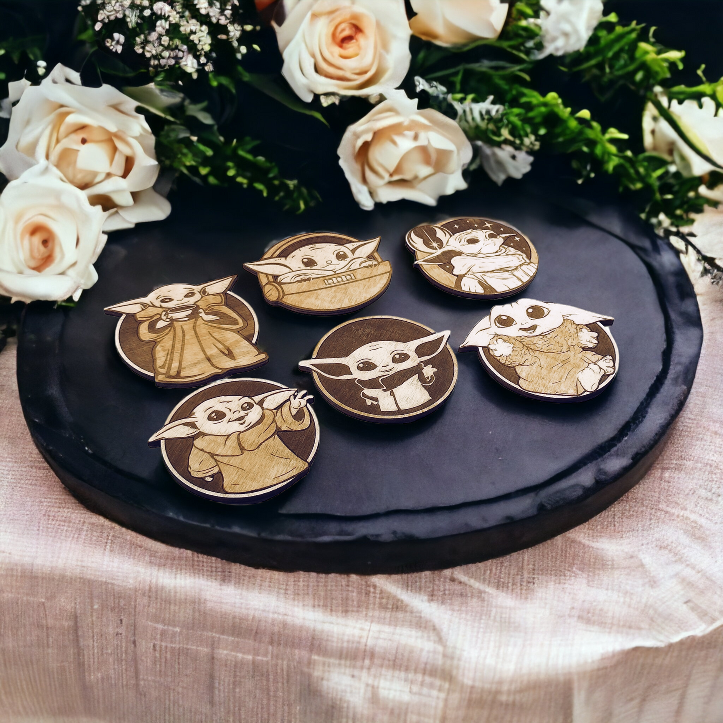 Set of 6 Baby Yoda Wooden Coasters - Handmade Gift - Housewarming - Wood Kitchenware - Baby Yoda - The Mandalorian