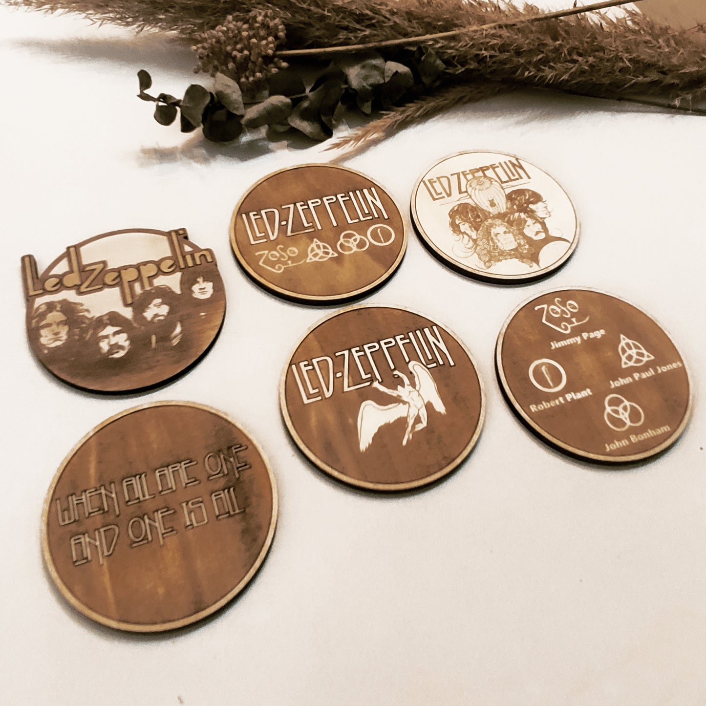 Set of 6 Led Zeppelin Wooden Coasters - Handmade Gift - Housewarming - Wood Kitchenware
