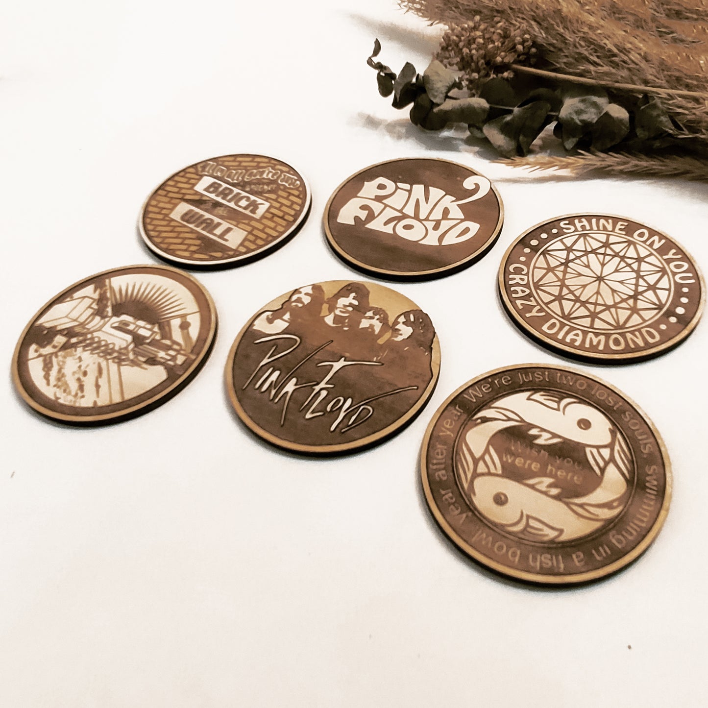 Set of 6 Pink Floyd Wooden Coasters - Handmade Gift - Housewarming - Wood Kitchenware - Rock Band