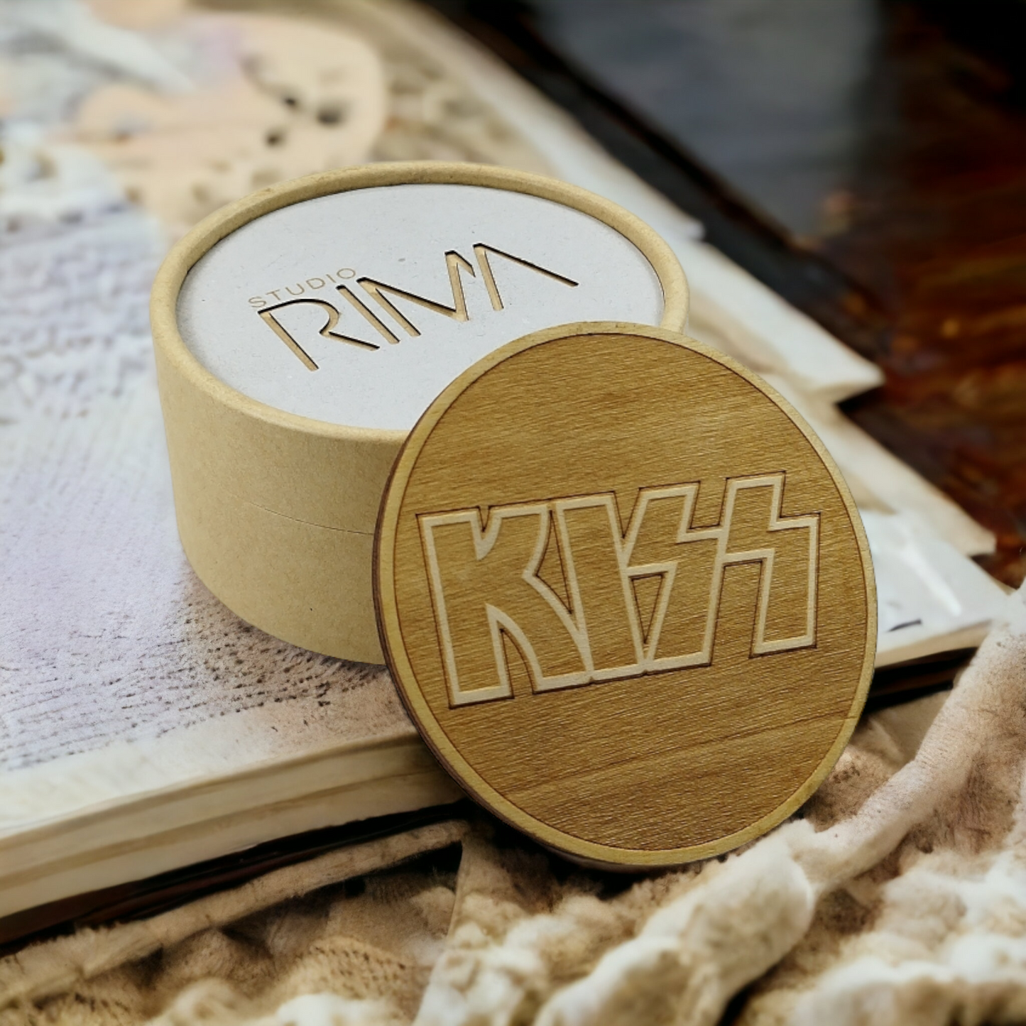 Set of 6 Kiss Wooden Coasters - Handmade Gift - Housewarming - Wood Kitchenware - Rock Band