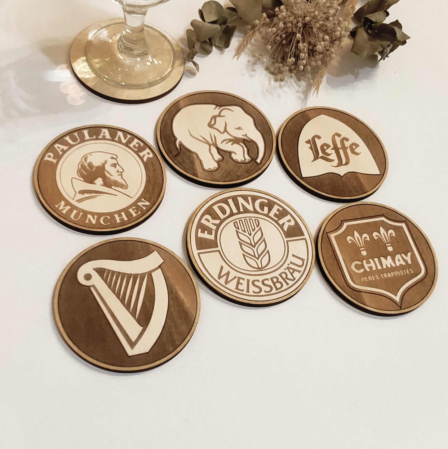 Set of 6 Beers Wooden Coasters - Handmade Gift - Housewarming - Wood Kitchenware