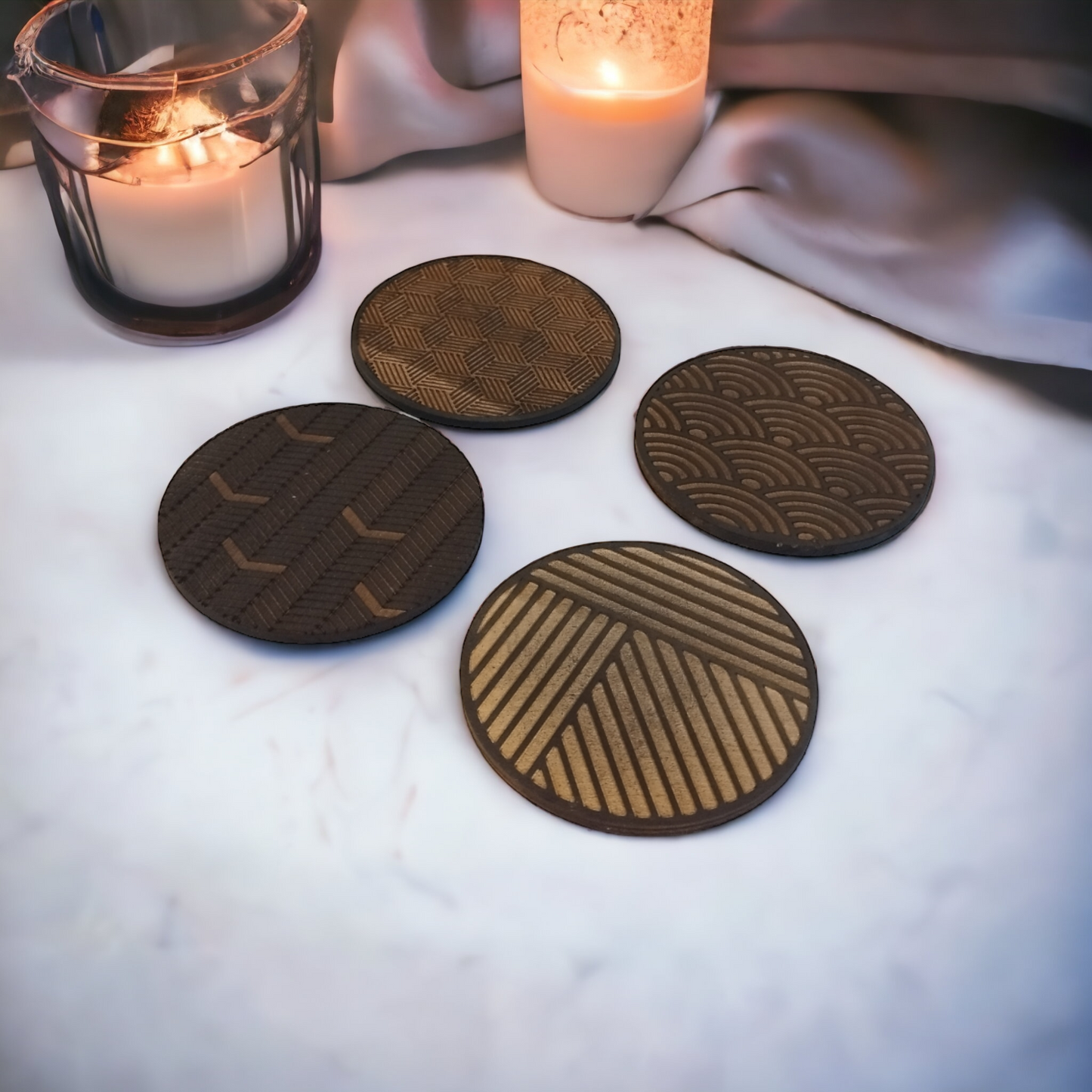 Set of 4 Black Geometric Wooden Coasters - Handmade Gift - Housewarming - Wood Kitchenware