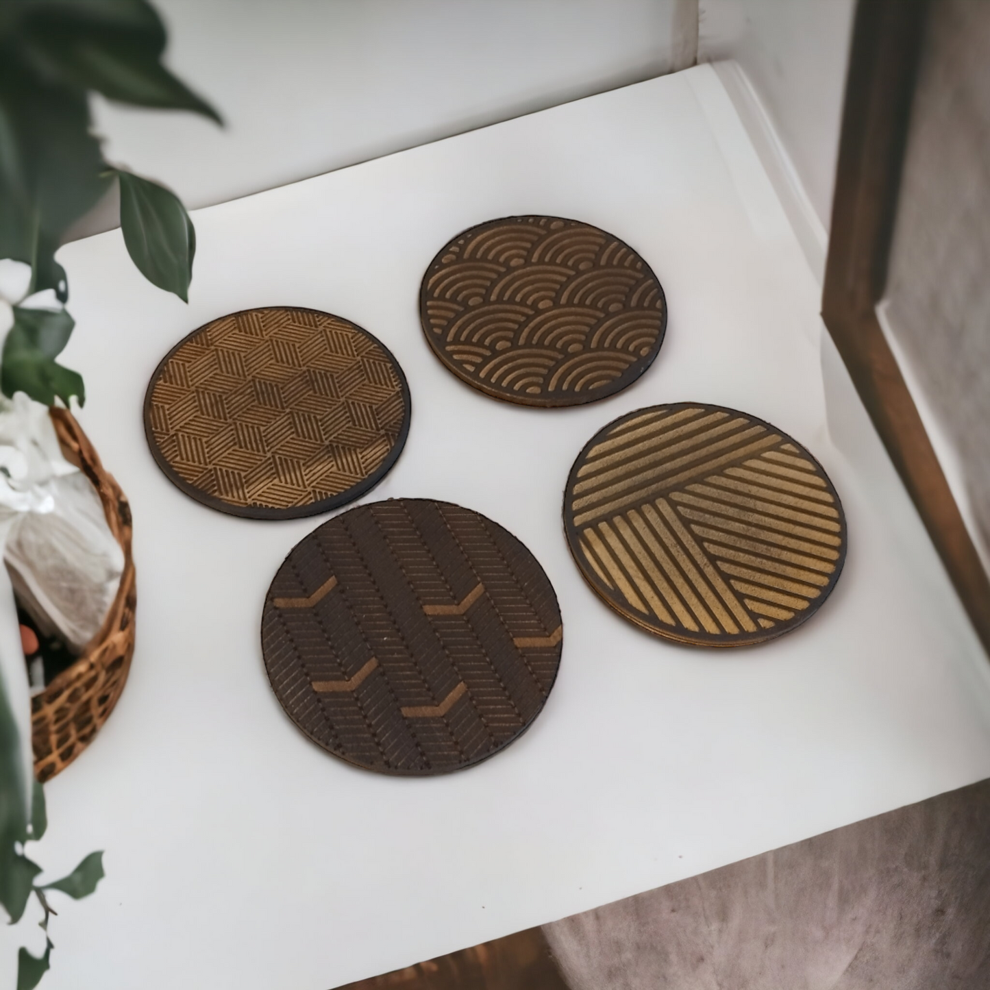 Set of 4 Black Geometric Wooden Coasters - Handmade Gift - Housewarming - Wood Kitchenware