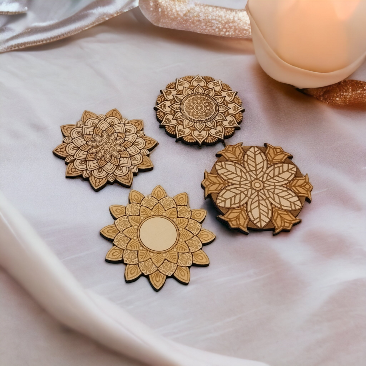 Set of 4 Mandala Wooden Coasters - Handmade Gift - Housewarming - Wood Kitchenware
