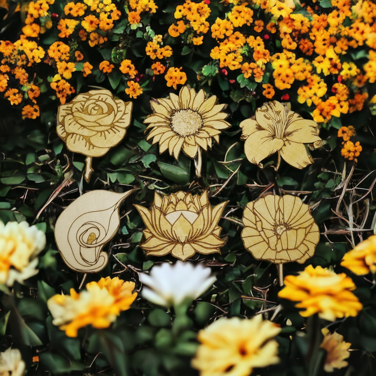 Set of 6 Flowers Wooden Coasters - Handmade Gift - Housewarming - Wood Kitchenware - Nature