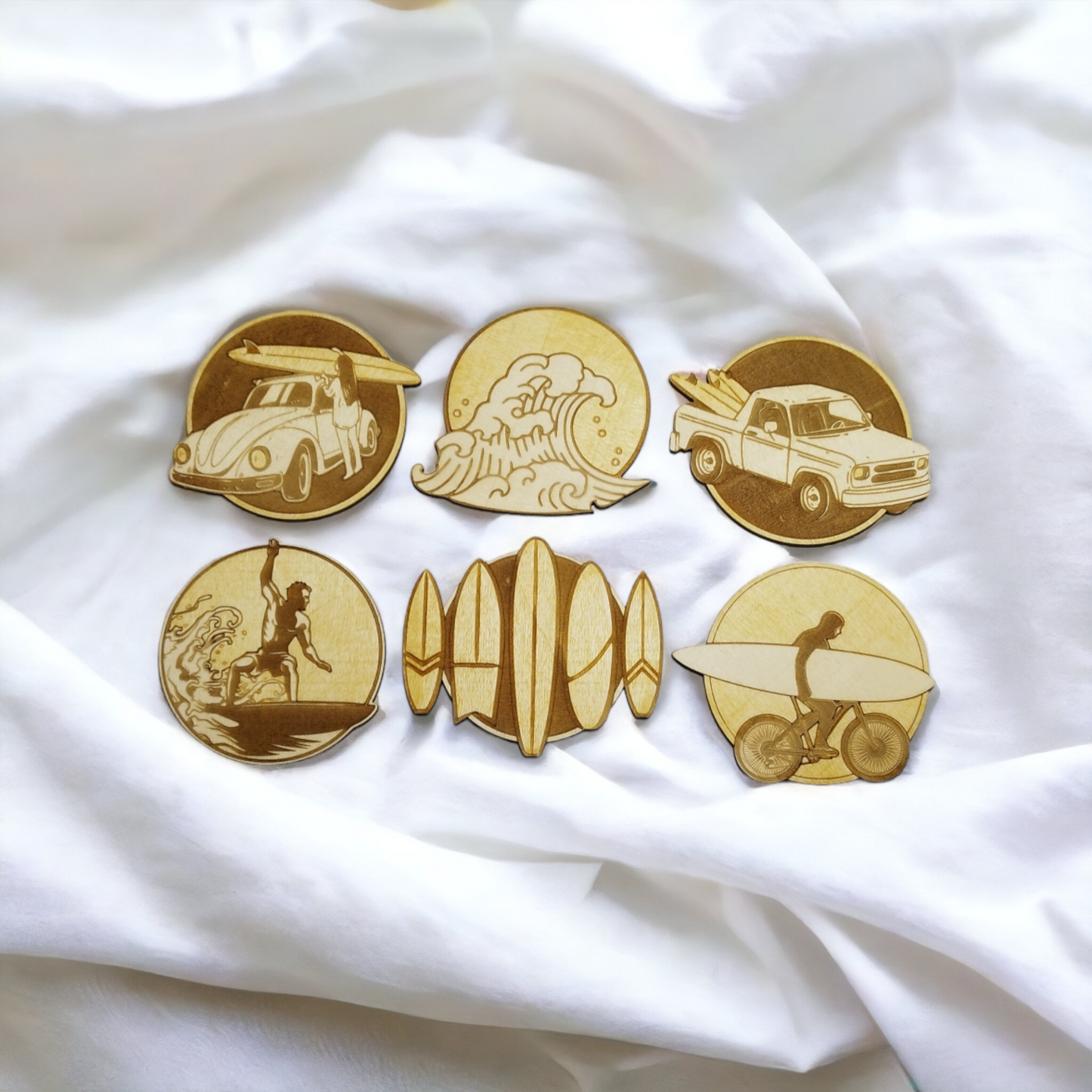 Set of 6 Surf Wooden Coasters - Handmade Gift - Housewarming - Wood Kitchenware