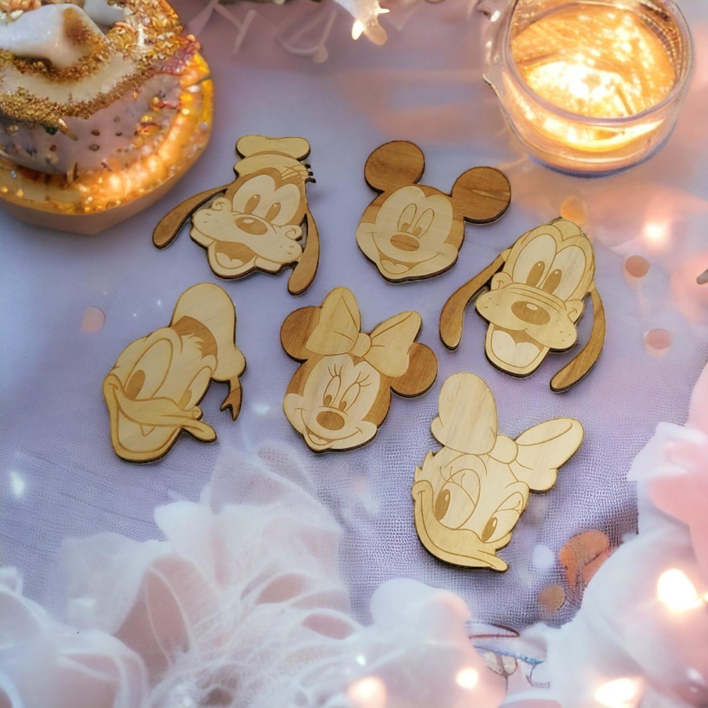 Set of 6 Disney Wooden Coasters - Handmade Gift - Housewarming - Wood Kitchenware - Mickey - Minnie