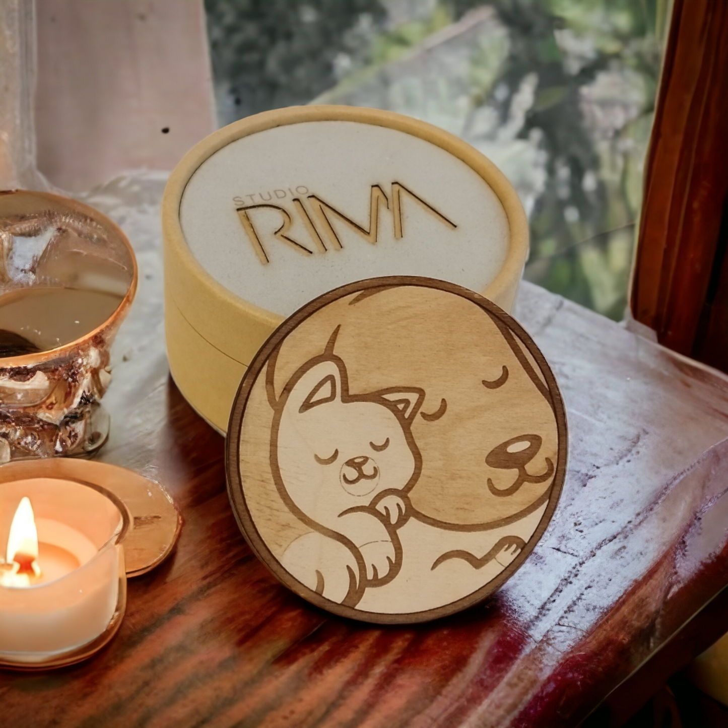 Set of 4 Dog and Cat Wooden Coasters - Handmade Gift - Housewarming - Wood Kitchenware