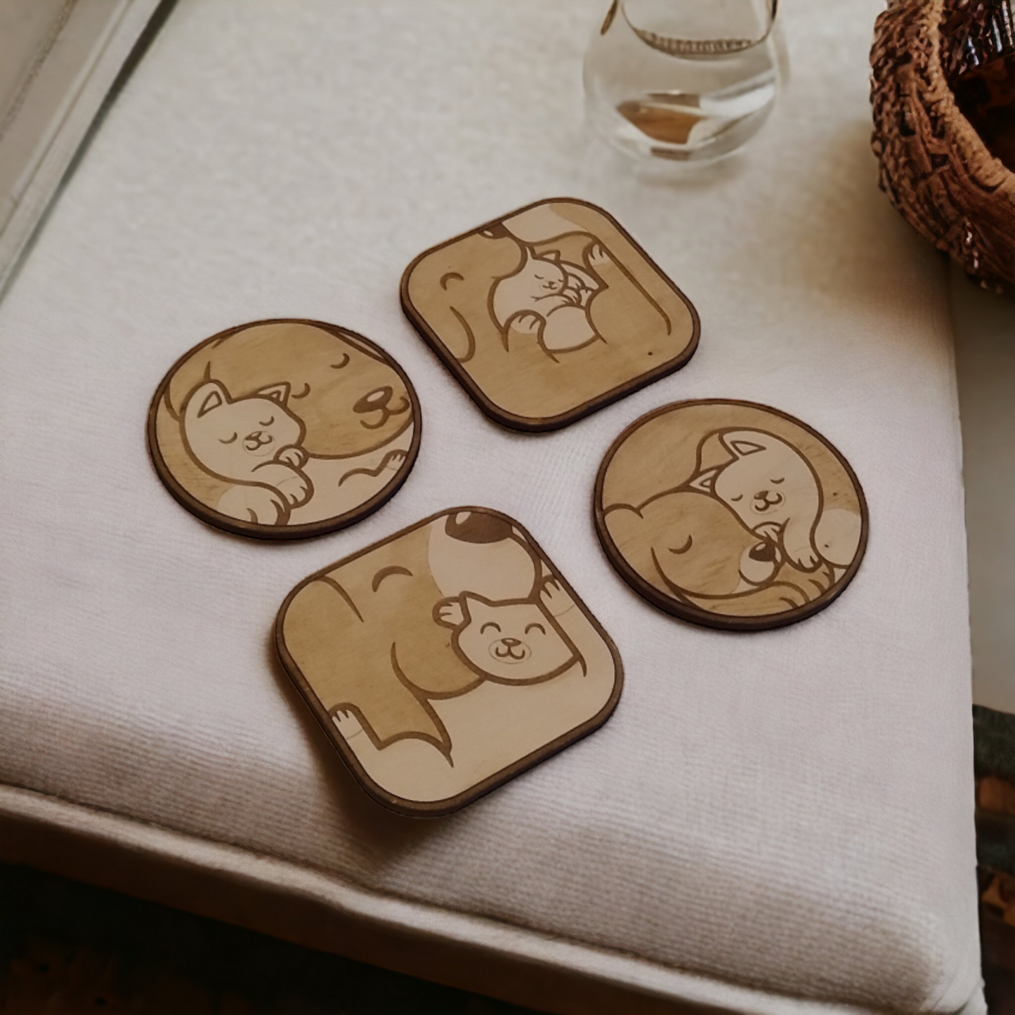 Set of 4 Dog and Cat Wooden Coasters - Handmade Gift - Housewarming - Wood Kitchenware