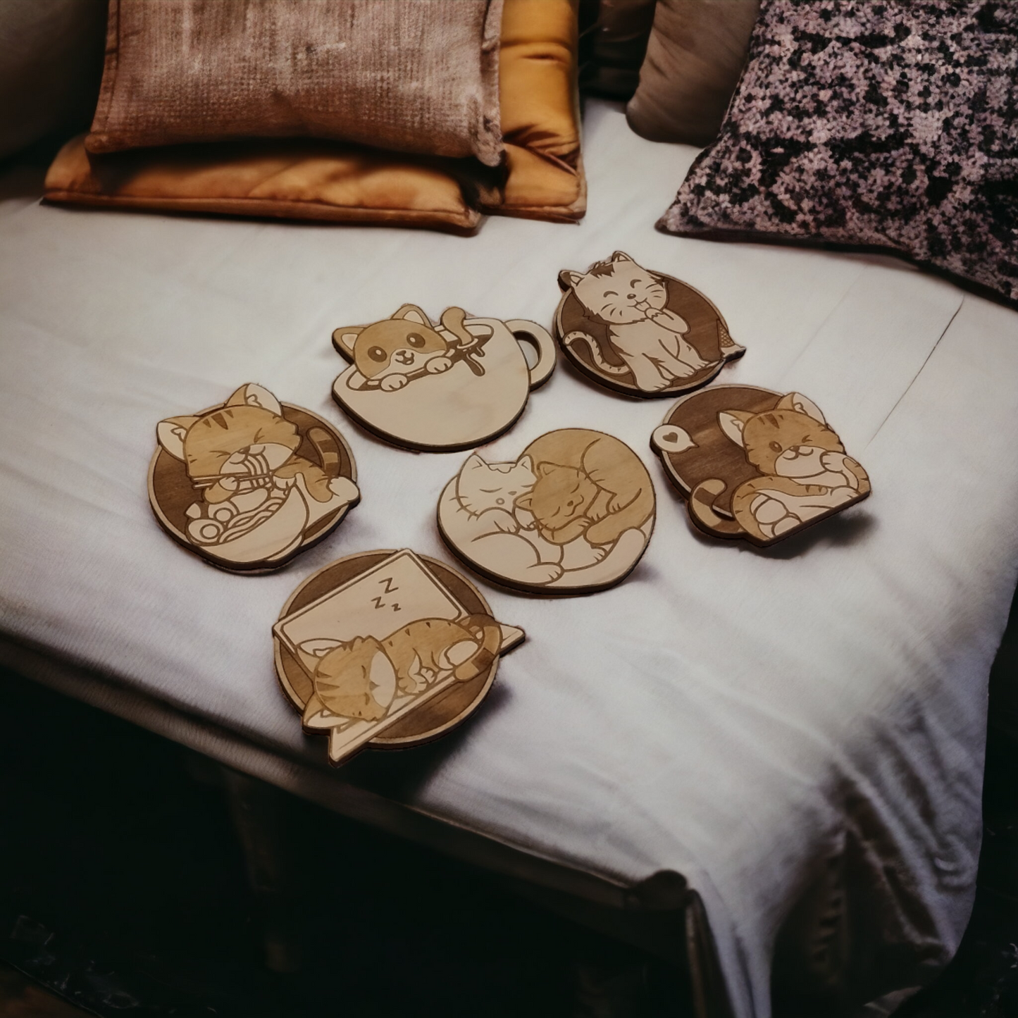 Set of 6 Cat Collection Wooden Coasters - Handmade Gift - Housewarming - Wood Kitchenware
