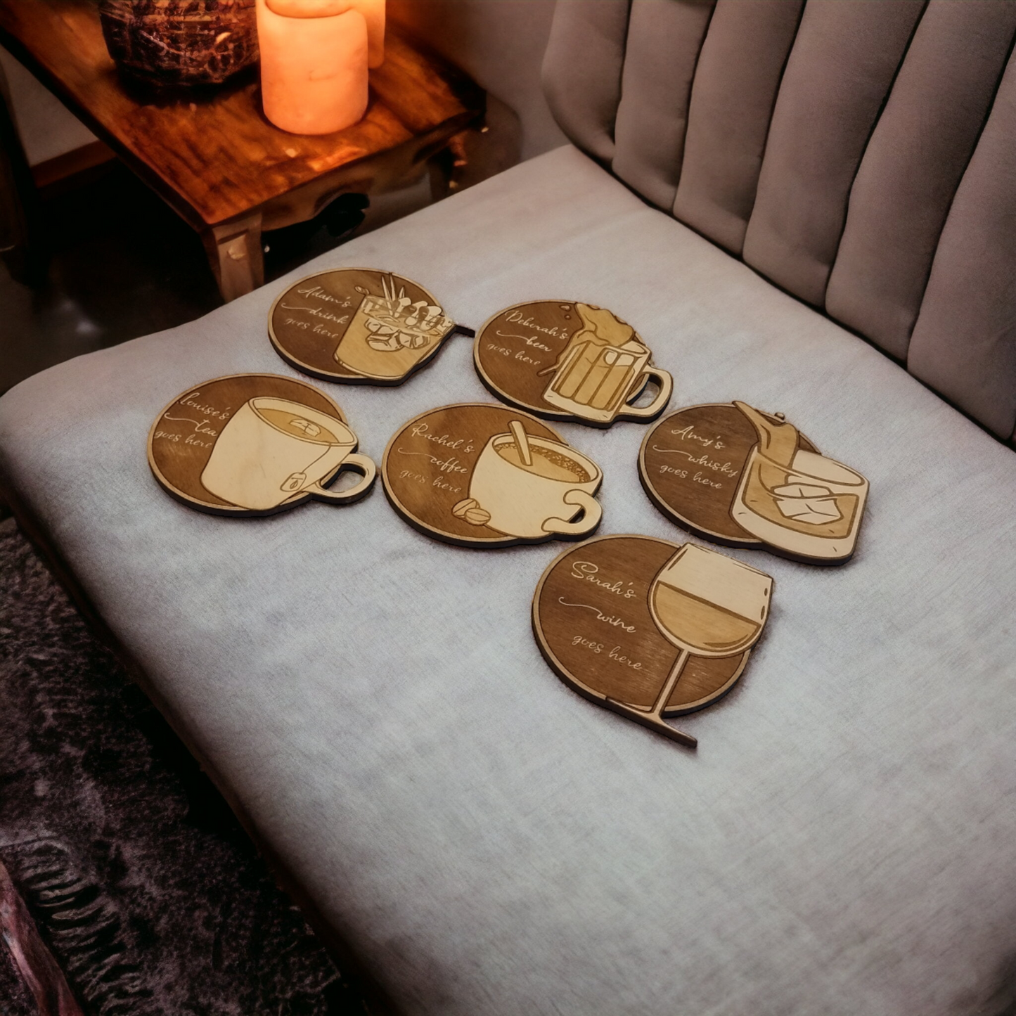 Set of 6 Drinks Wooden Coasters - Handmade Gift - Housewarming - Wood Kitchenware