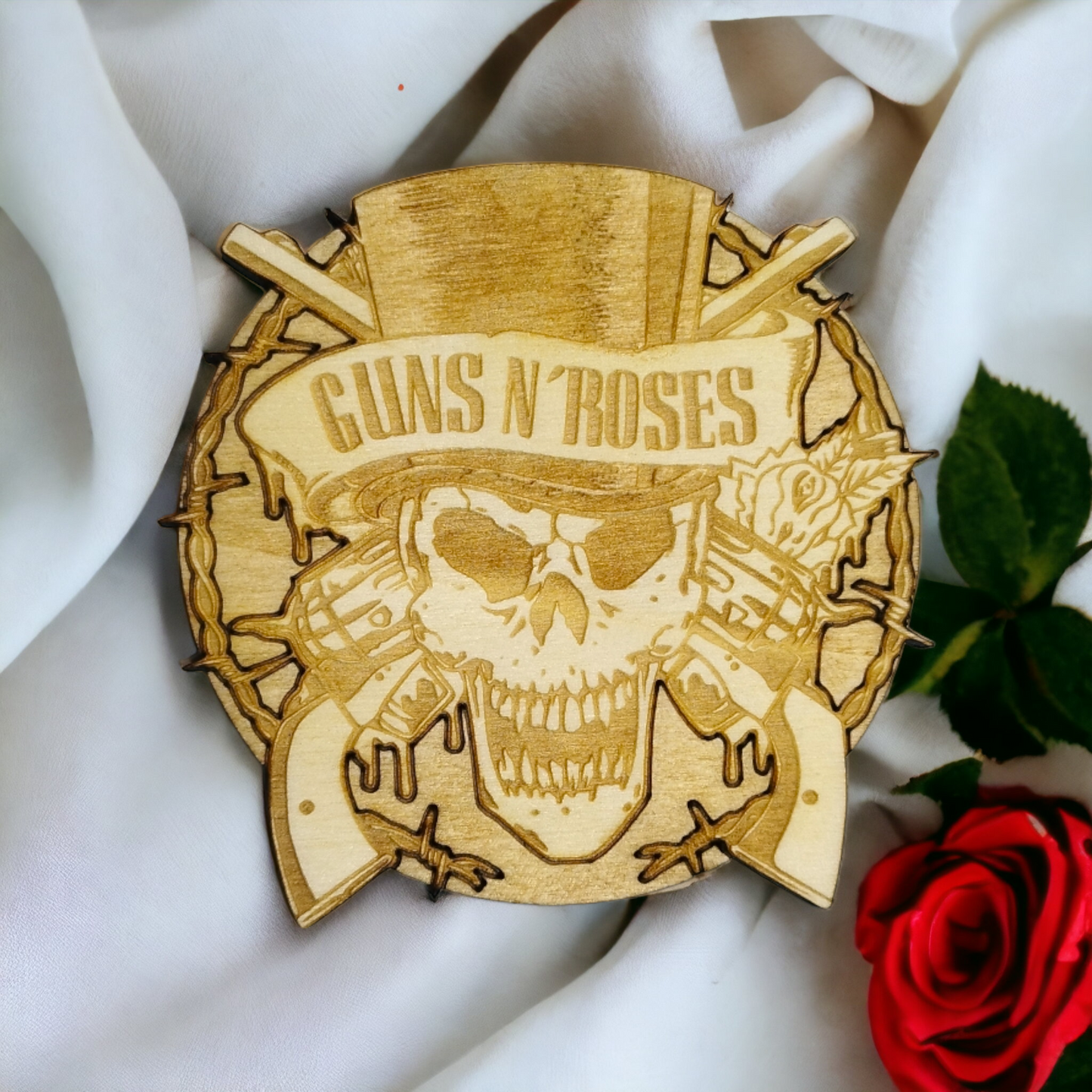 Set of 4 Guns and Roses Wooden Coasters - Handmade Gift - Housewarming - Wood Kitchenware