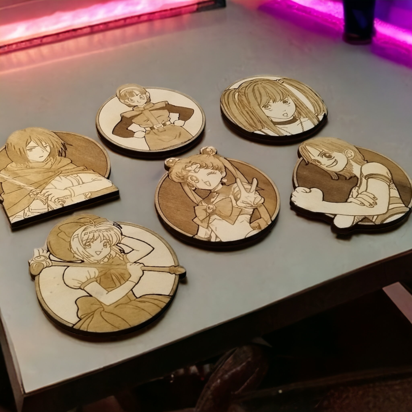 Set of 6 Empowering Women of Anime Wooden Coasters - Handmade Gift - Housewarming - Wood Kitchenware