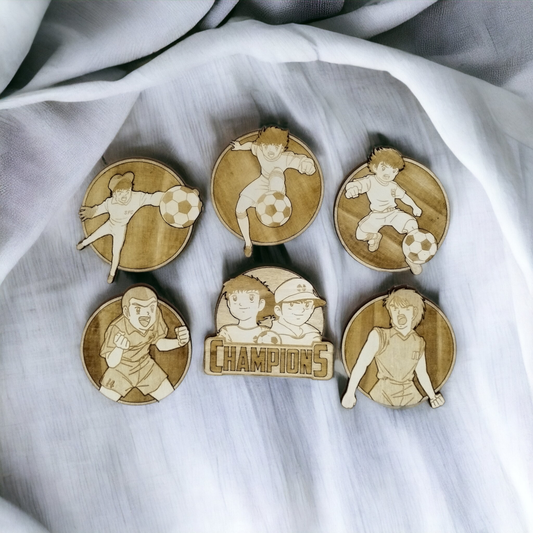 Set of 6 Captain Tsubasa Solid Wooden Coasters - Handmade Gift - Wood Kitchenware
