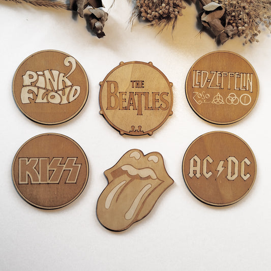 Set of 6 Rock Bands Wooden Coasters - Handmade Gift - Housewarming - Wood Kitchenware - Rock Band