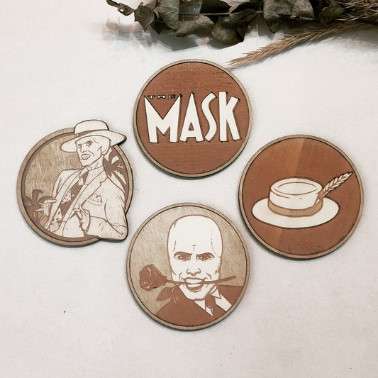 Set of 4 The Mask Wooden Coasters - Handmade Gift - Housewarming - Wood Kitchenware