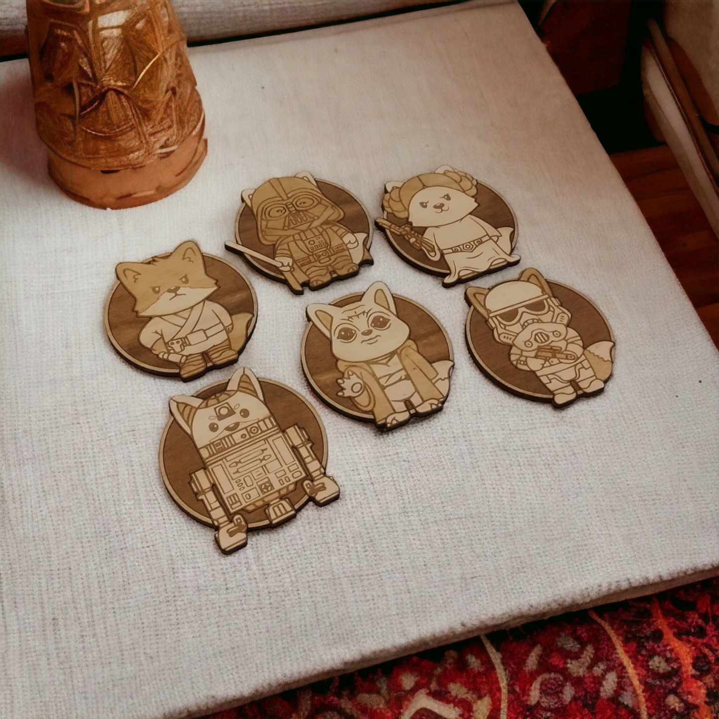 Set of 6 Star Wars Cat Wooden Coasters - Handmade Gift - Housewarming - Wood Kitchenware - Baby Yoda - The Mandalorian