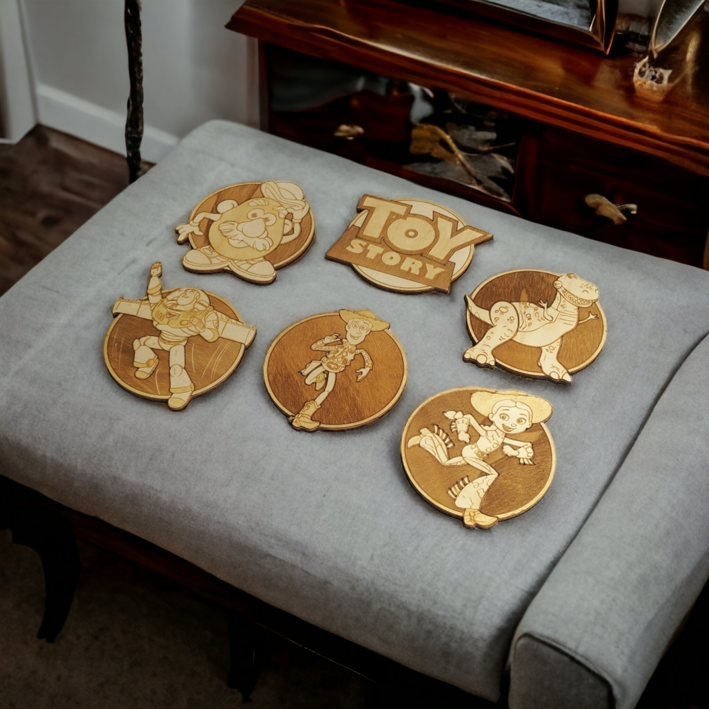 Set of 6 Toy Story Wooden Coasters - Handmade Gift - Housewarming - Wood Kitchenware